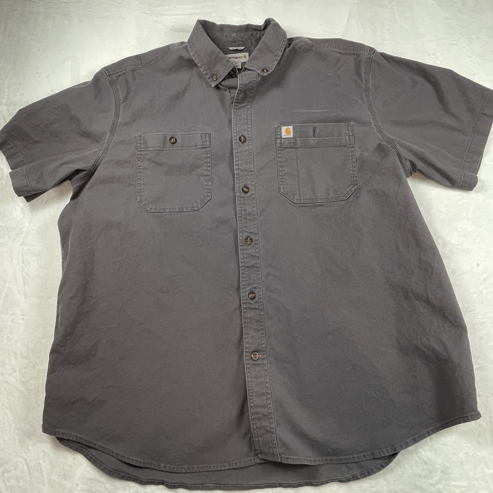 Carhartt Men 2XL Relaxed Fit Short Sleeve Button Down Shirt Gray Workwear Canvas